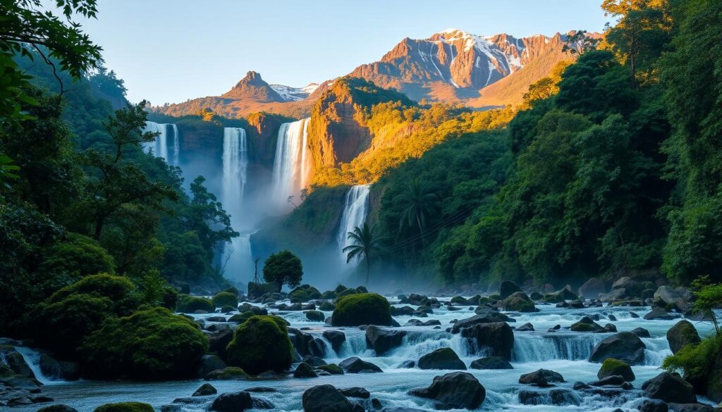 Cenário selvagem e exuberante da região Norte: floresta densa, rios caudalosos e cachoeiras imponentes — o Brasil em sua forma mais pura.
