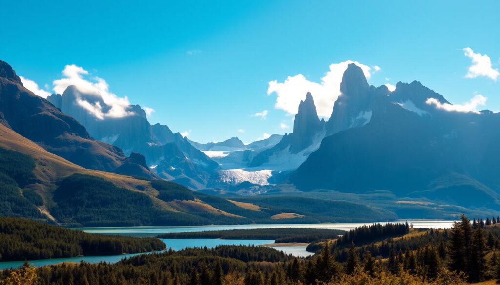 Paisagem impressionante em Torres del Paine, com picos de granito e lago glacial refletindo a grandiosidade do parque chileno ao entardecer.