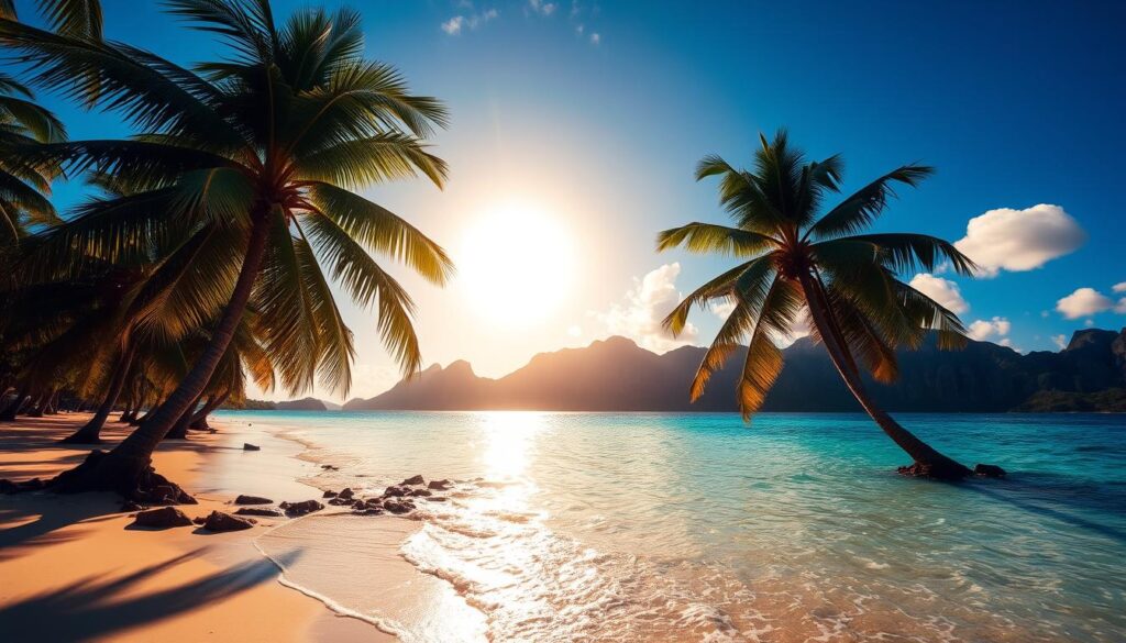 Paraíso tropical com águas cristalinas e pôr do sol dourado, ideal para relaxar na época certa do ano.