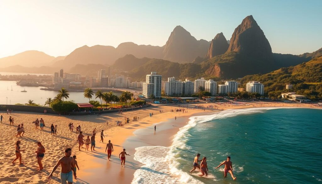 Vista do litoral do Rio de Janeiro com o Pão de Açúcar e o Corcovado ao fundo, e banhistas aproveitando o mar.