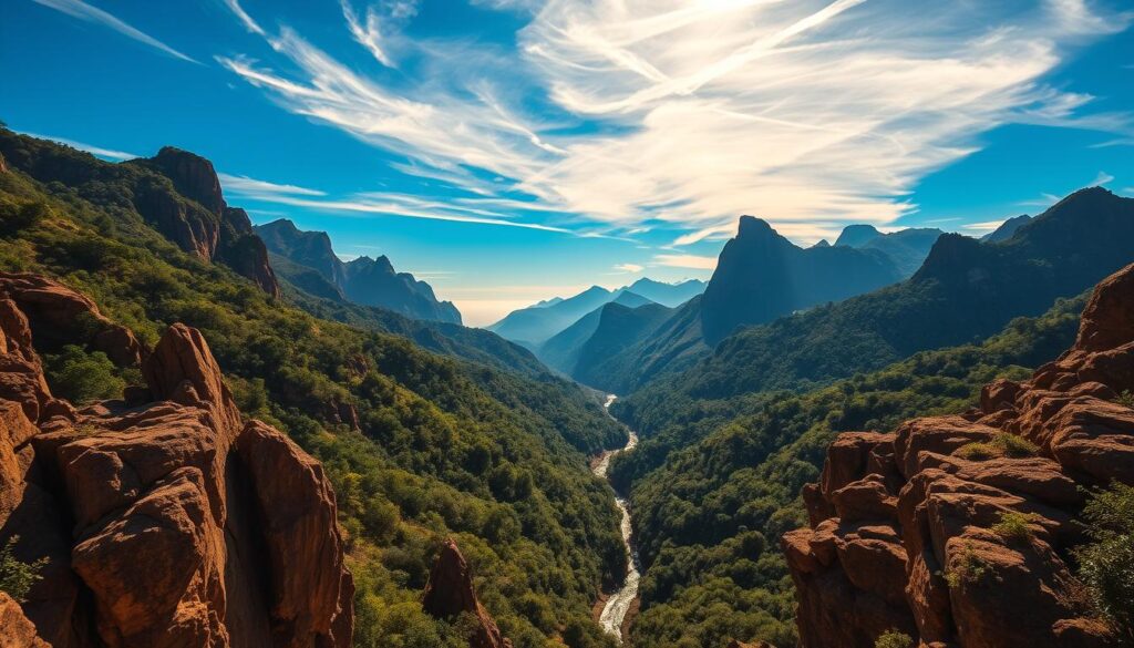 Paisagem natural da Serra do Cipó, com montanhas e vegetação nativa iluminadas pela luz dourada do entardecer.