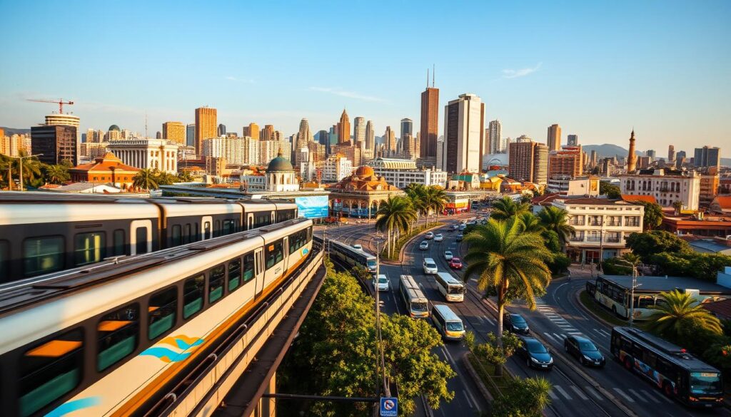 Cidade brasileira vibrante com transporte público cruzando a paisagem — metrôs, ônibus e VLTs conectando pessoas entre prédios modernos, áreas históricas e muito verde.