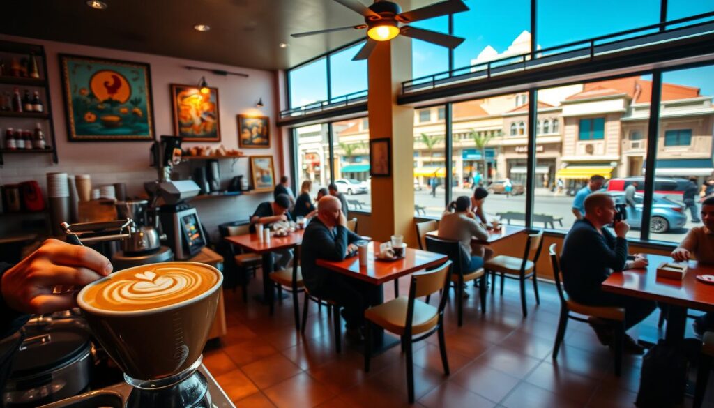 Cafeteria movimentada na América Latina, com aroma de café fresco no ar, decoração típica e um barista preparando um latte com espuma artística. Um ambiente acolhedor e cheio de cultura.