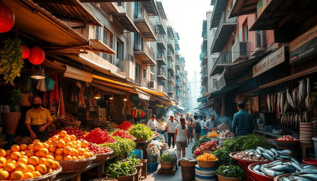 Barracas coloridas e cheias de vida em um mercado do Sudeste Asiático, com comidas típicas e ingredientes frescos.