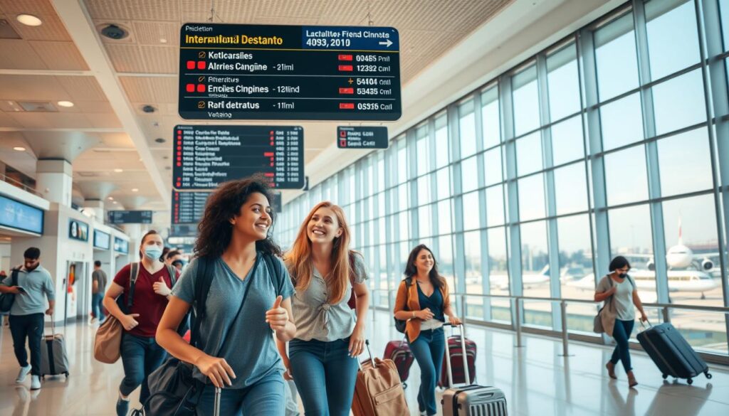 Brasileiros animados no saguão de um aeroporto internacional, prontos para embarcar em aventuras acessíveis pelo mundo. Um clima de expectativa, mochilas nas costas e olhos brilhando com o sonho de viajar gastando pouco.