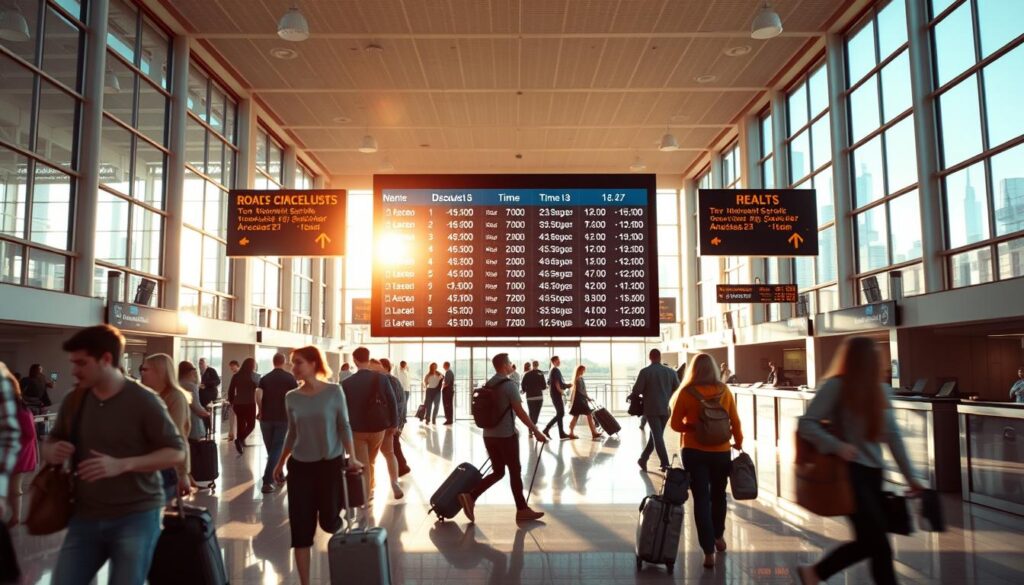 A bustling airport terminal, sunlight streaming through the glass walls, travelers rushing to and fro, their luggage in tow. In the center, a large digital departure board displays discounted flight fares, highlighting the best times to book. The atmosphere is one of anticipation and excitement, as vacationers plan their next adventure, seeking the most economical options to reach their dream destinations. Minimalist, elegant signage points the way, guiding passengers towards the ticket counters where helpful agents await, ready to offer guidance on the ideal travel periods to secure the lowest airfares.