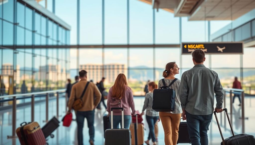 Terminal de aeroporto movimentado, com passageiros seguindo viagem e hotel moderno ao fundo — o começo de uma nova aventura