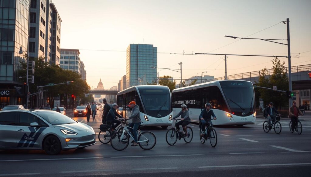 Transporte urbano sustentável e inteligente ao entardecer em uma cidade moderna.