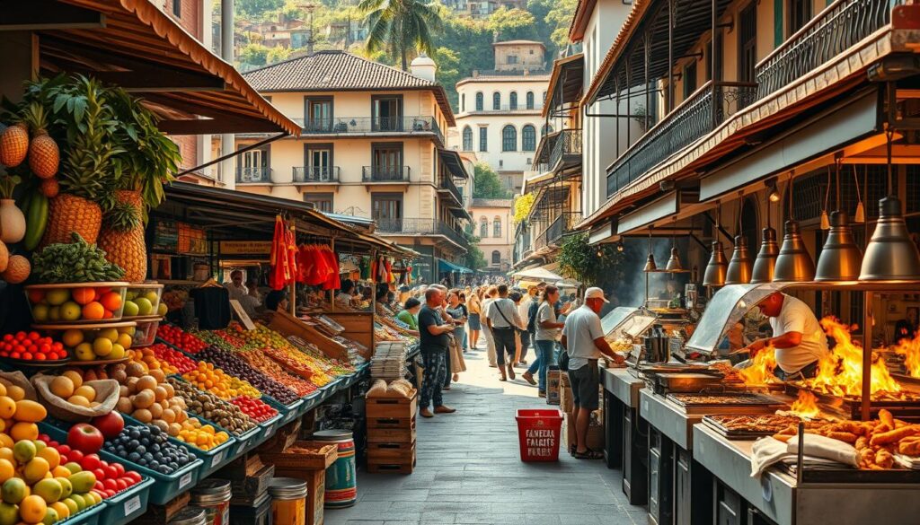 Mercado a céu aberto cheio de cores e sabores em uma cidade brasileira vibrante, com barracas de frutas tropicais, pães artesanais e pratos típicos preparados na hora.
