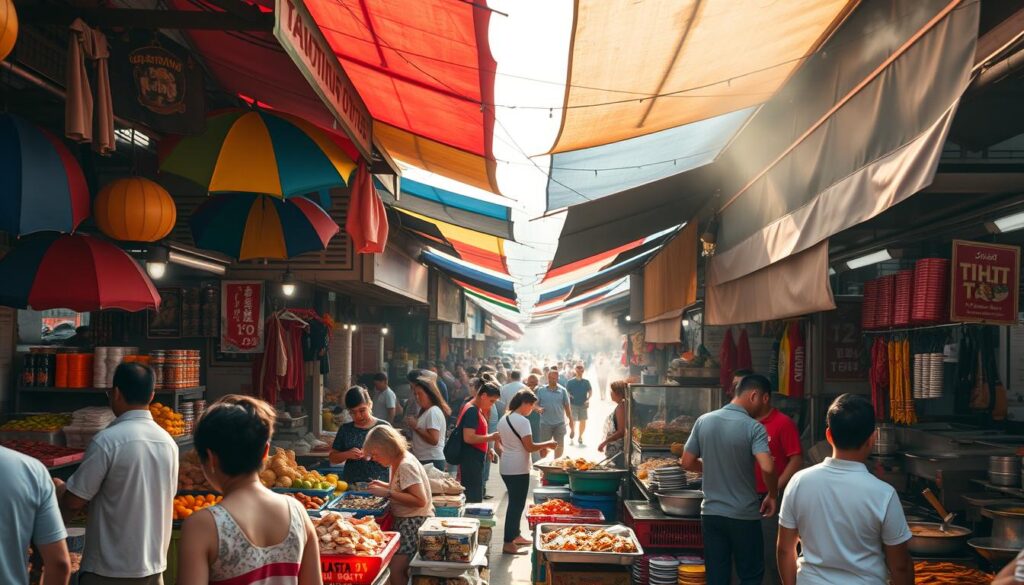 Mercado ao ar livre na Tailândia, com barracas cheias de comidas típicas e aromas exóticos no ar.