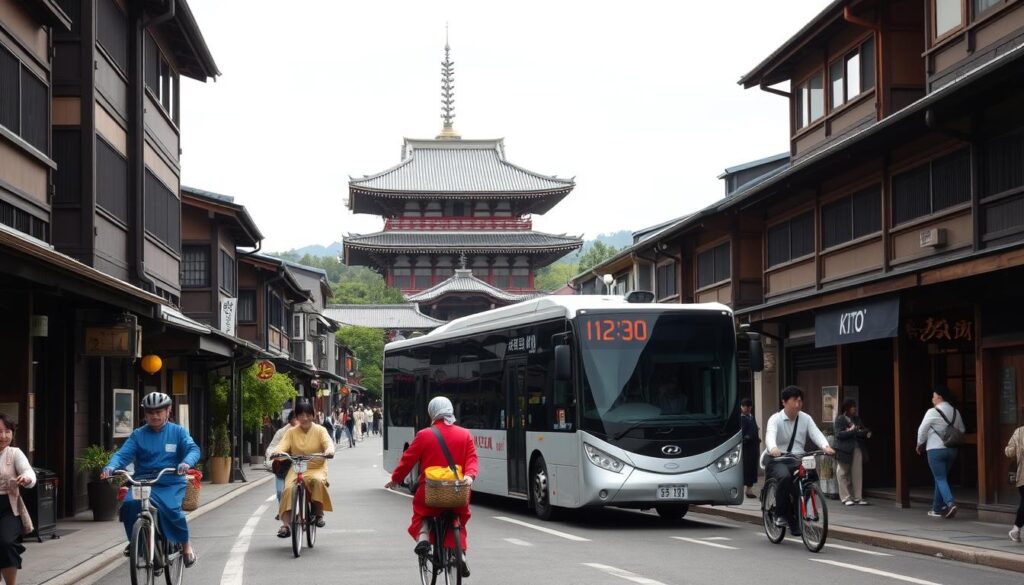 Ruas movimentadas de Kyoto onde bicicletas, ônibus elétricos e construções tradicionais se misturam com harmonia.