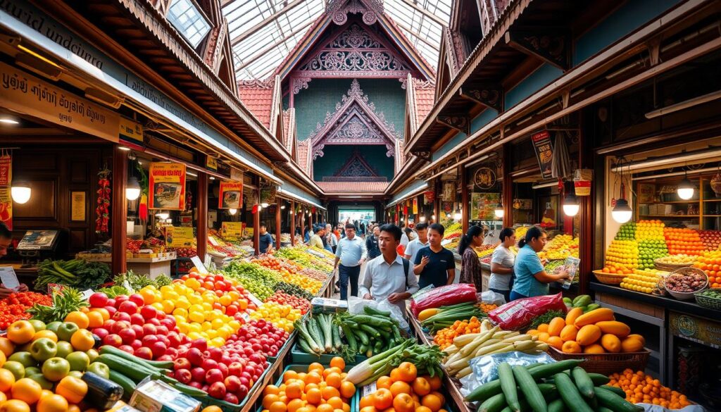 Mercado tailandês cheio de vida, onde frutas coloridas, aromas exóticos e sorrisos locais se misturam em um verdadeiro espetáculo cultural.