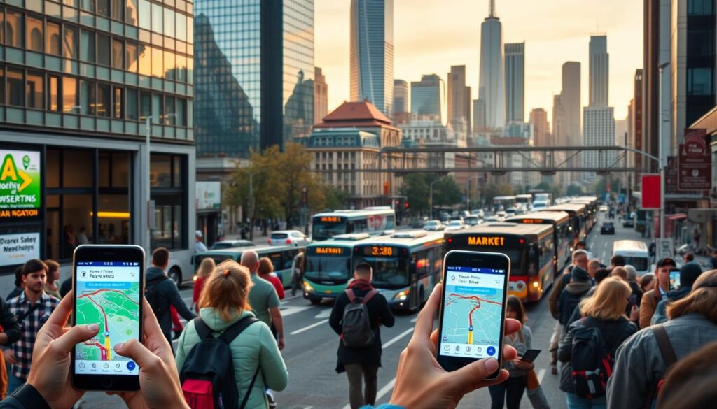 Tecnologia na palma da mão: passageiros usam apps de transporte em uma cidade movimentada com ônibus, metrôs e táxis ao fundo — mobilidade urbana prática, moderna e acessível.