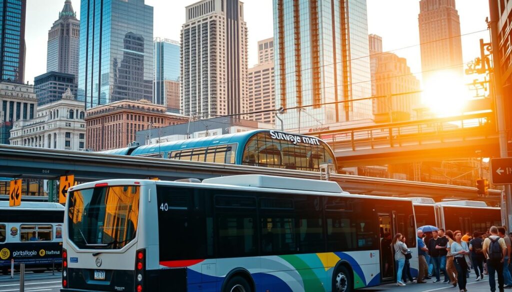 Cena urbana movimentada com ônibus e metrô ao entardecer, refletindo praticidade e economia nos deslocamentos durante a viagem.