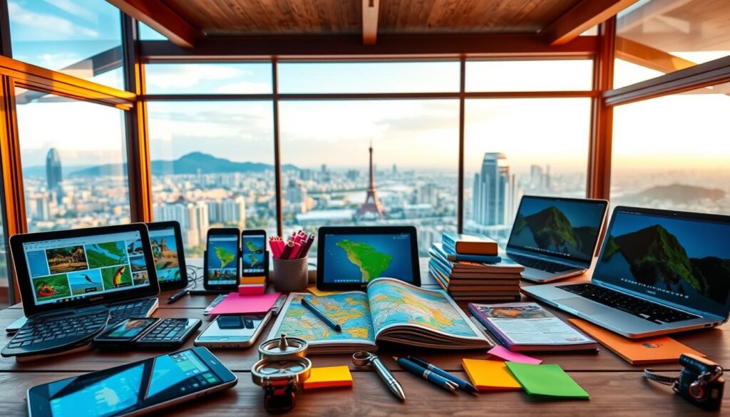 Kit moderno de planejamento de viagens: tecnologia e criatividade lado a lado na organização do seu roteiro.