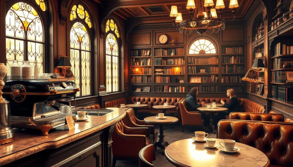Interior acolhedor de um café europeu ao entardecer, com luz dourada atravessando vitrais antigos e iluminando detalhes clássicos como balcões de mármore, luminárias de ferro e estantes repletas de livros.