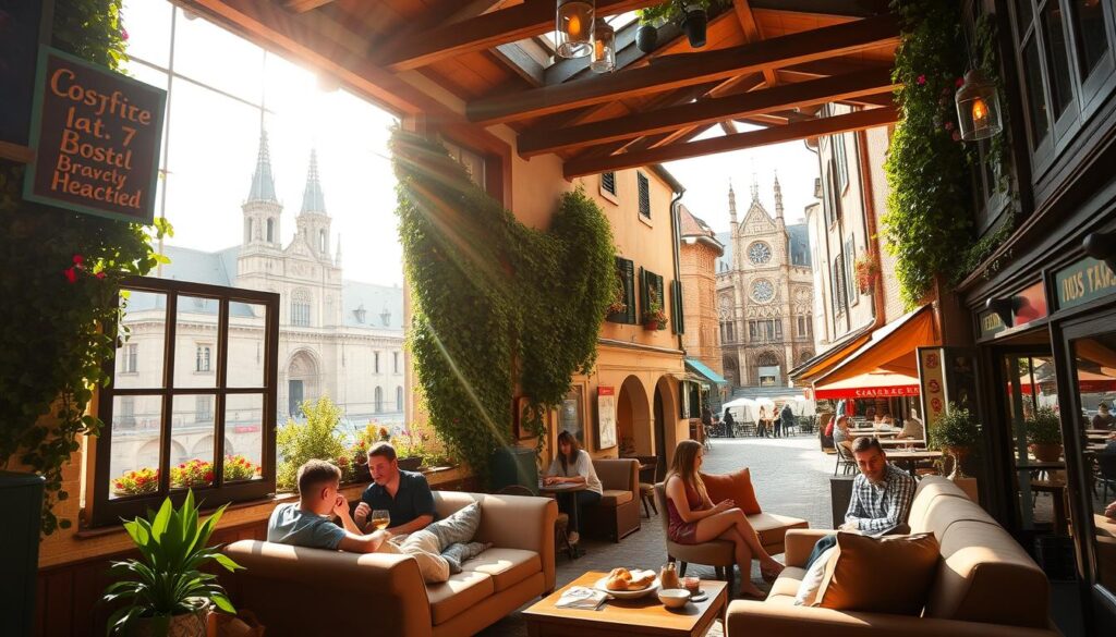 Hostel europeu charmoso em vila histórica, com fachada florida e clima acolhedor que convida mochileiros a se conectarem em meio a cafés e ruas de paralelepípedo.