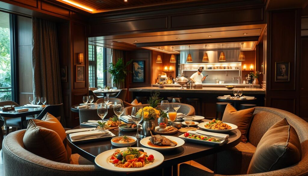 Restaurante de hotel boutique no Brasil, com atmosfera aconchegante, chefs em ação e pratos que misturam sofisticação com o sabor da culinária brasileira.