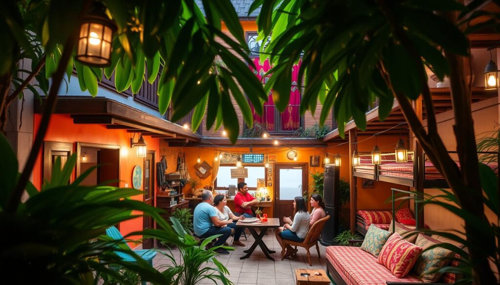 Hostel acolhedor em meio à agitação urbana das Américas, com pátio iluminado por lanternas e clima tropical que une viajantes em histórias e risadas.