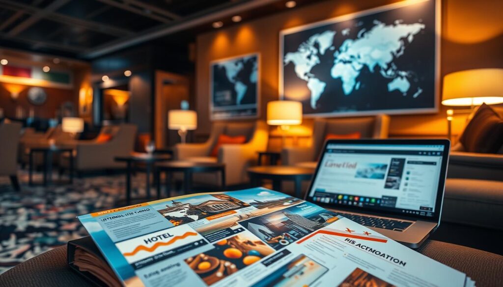 Lobby aconchegante de hotel com iluminação suave e folhetos de viagem — um lembrete de como pesquisar bem a hospedagem pode transformar sua experiência.