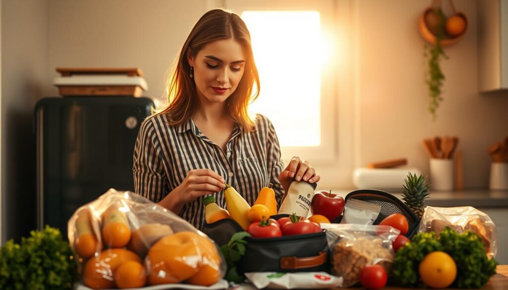 Mulher organizando uma bolsa de viagem com lanches saudáveis — frutas, vegetais e snacks práticos, em uma cozinha acolhedora iluminada por luz natural.
