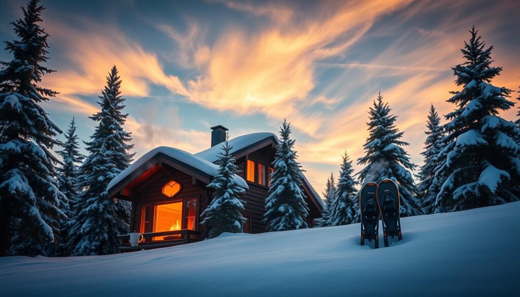 Cabana romântica entre montanhas nevadas, com lareira acesa e clima perfeito para uma viagem a dois