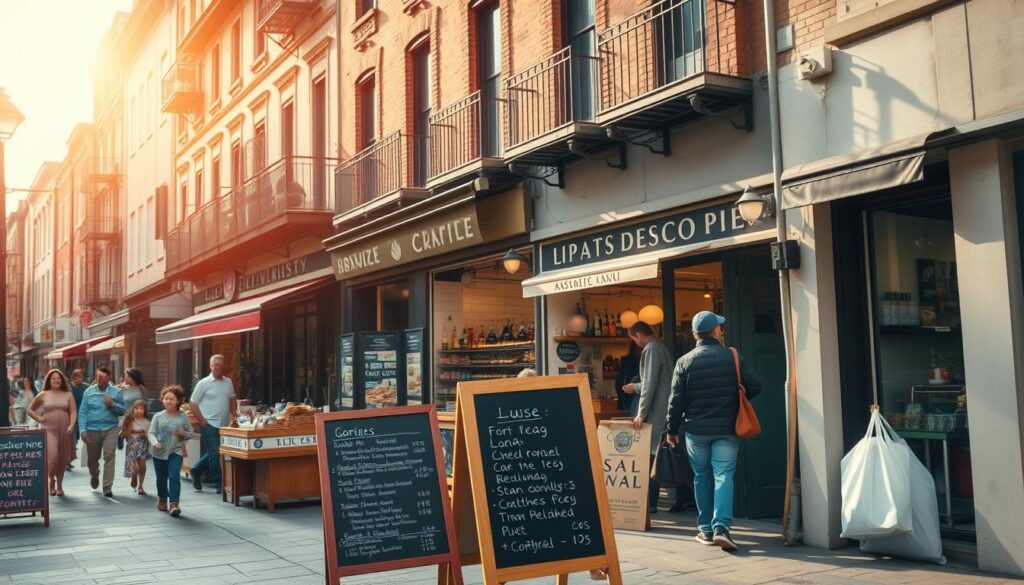 Esquina charmosa em uma cidade vibrante, com cafés e restaurantes locais alinhados nas calçadas. Um quadro-negro exibe os pratos do dia, enquanto moradores e visitantes circulam, explorando sabores e descobertas no fim de tarde ensolarado.