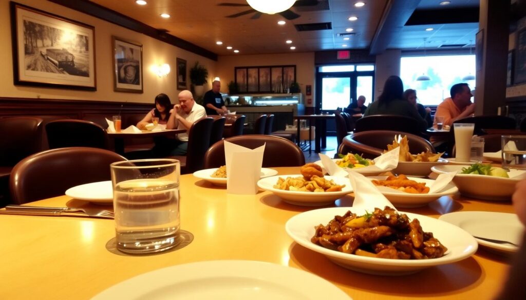 Interior acolhedor de restaurante com pratos saborosos e acessíveis, criando um ambiente convidativo para quem quer comer bem sem gastar muito.