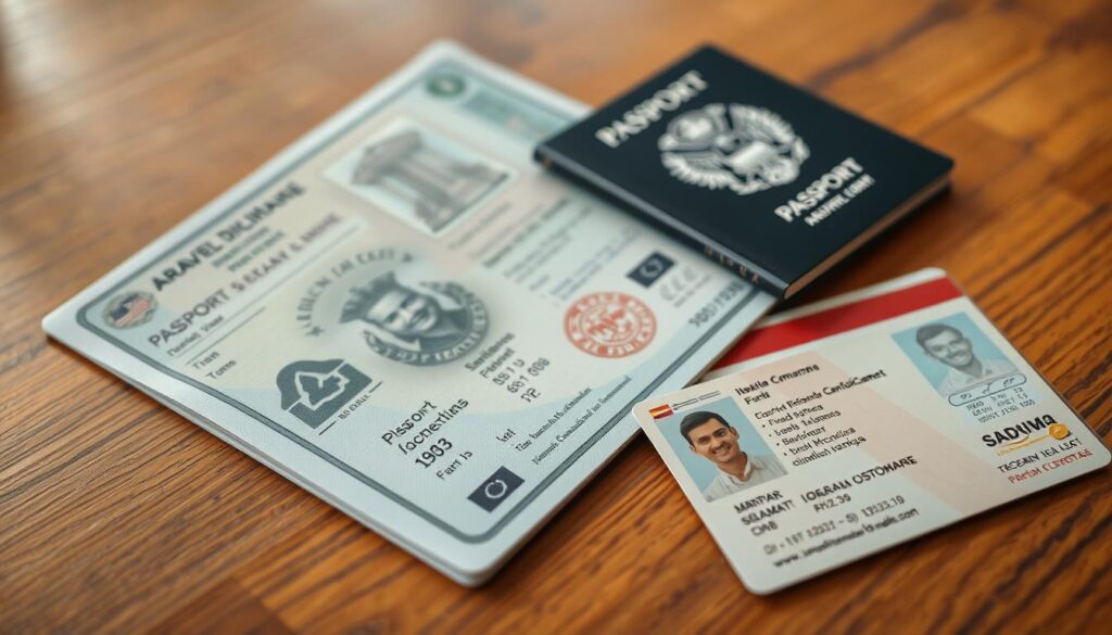 Documentos organizados antes da viagem: passaporte, identidade e CNH prontos para o check-in.