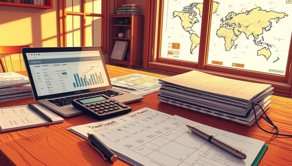 Organização financeira para viagem com laptop, documentos e mapa sobre uma mesa iluminada pela luz natural, criando um clima de planejamento realista e inspirador.