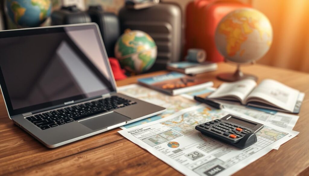 Planejamento de viagem com laptop e documentos sobre a mesa.