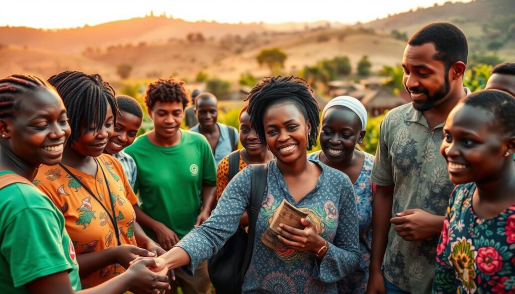 Voluntários e comunidades locais em um momento de troca e aprendizado conjunto, com paisagens africanas ao fundo