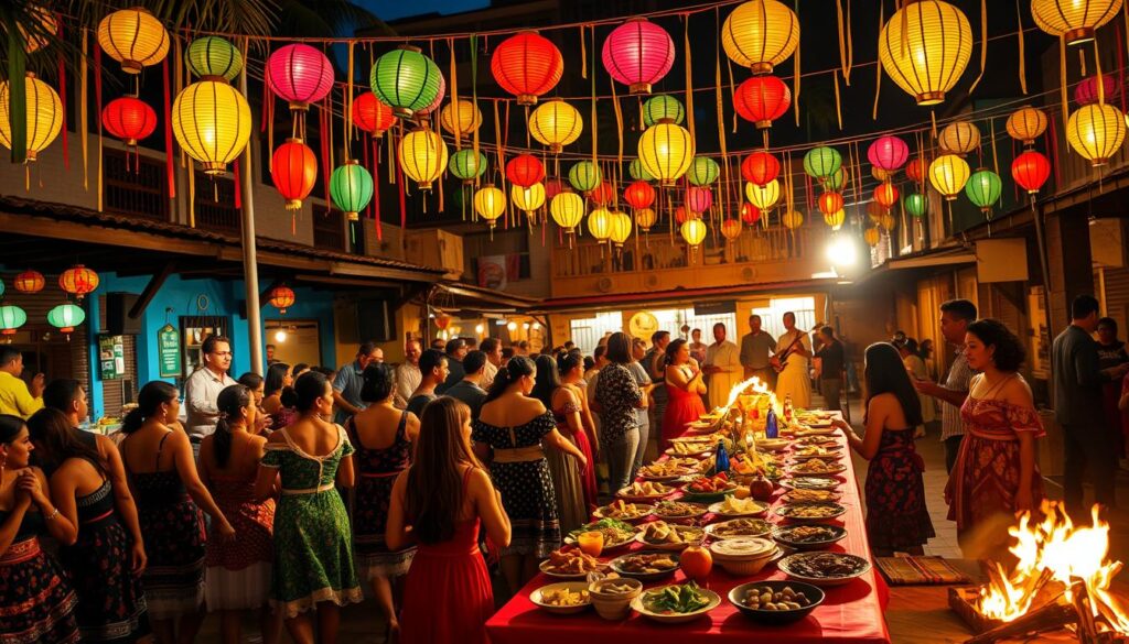 Praça de festa junina em uma cidade brasileira, com comidas típicas, roupas tradicionais e clima de celebração acolhedora.