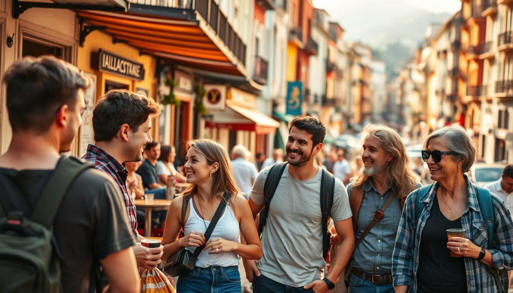Pessoas de diferentes culturas conversando animadamente em uma rua movimentada e colorida, representando a magia dos encontros durante viagens solo.