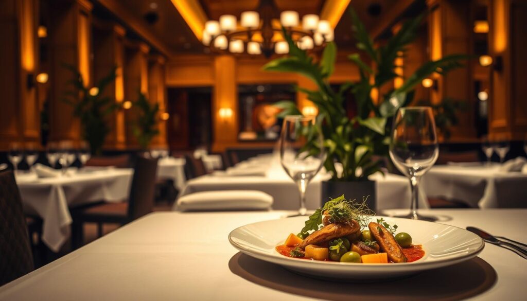 Ambiente sofisticado e acolhedor de um restaurante estrelado Michelin no Brasil, onde o prato é só o começo da experiência.