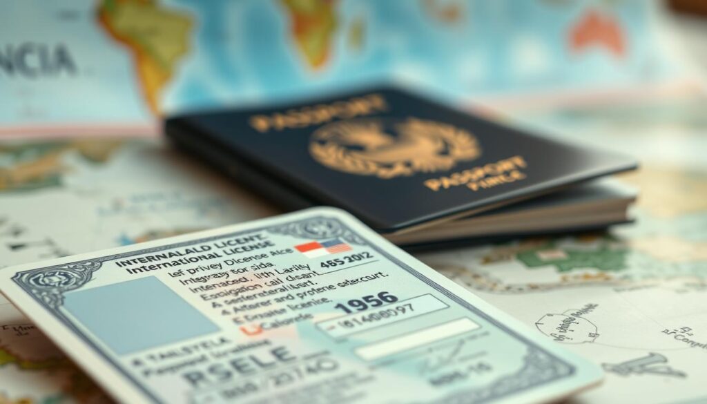 Carteira de habilitação internacional ao lado de um passaporte, prontos para uma viagem sobre rodas em outro país.