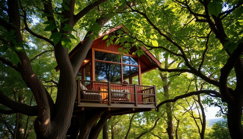 Casa na árvore aconchegante em meio à copa das árvores, iluminada pelo sol filtrado da floresta nativa. Um refúgio encantador para quem busca silêncio, natureza e um toque de magia.