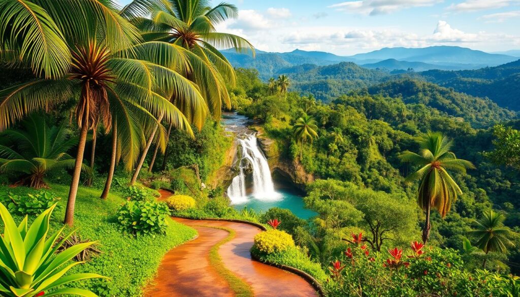 Paisagem exuberante com floresta densa, cachoeira cristalina e colinas verdes ao fundo, retratando a natureza selvagem do ecoturismo no Brasil.