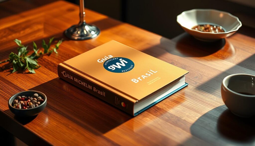 Livro do Guia Michelin Brasil sobre uma mesa de madeira: elegância que já dá o tom do que vem nas páginas.