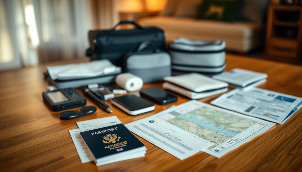 Checklist de viagem organizado em uma mesa de madeira — passaporte, documentos e itens essenciais prontos para embarcar