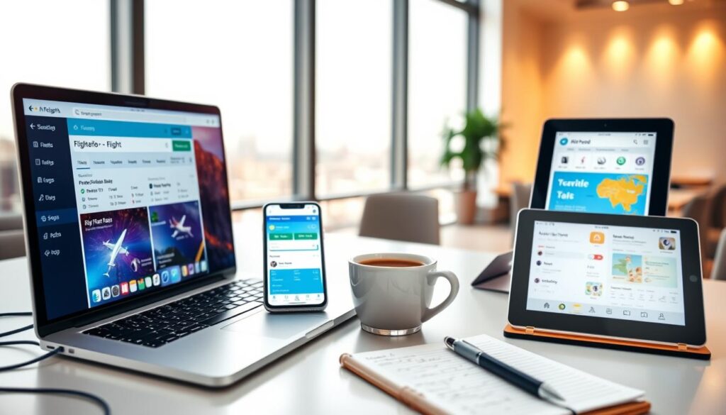 A modern, minimalist desk setup with various digital tools for air travel planning. In the foreground, a laptop, smartphone, and tablet display flight search engines, booking sites, and travel apps. In the middle ground, a cup of coffee and a notebook with handwritten notes. The background features a clean, bright workspace with warm, indirect lighting, and a window overlooking a cityscape. The overall mood is one of efficiency, productivity, and the convenience of digital travel planning.
