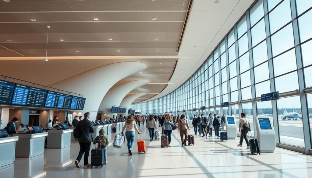 Passageiros circulando em um terminal moderno e iluminado, prontos para embarcar em novas experiências.