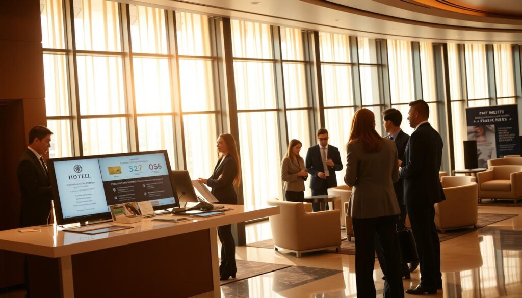Lobby moderno de hotel com programa de fidelidade em destaque
