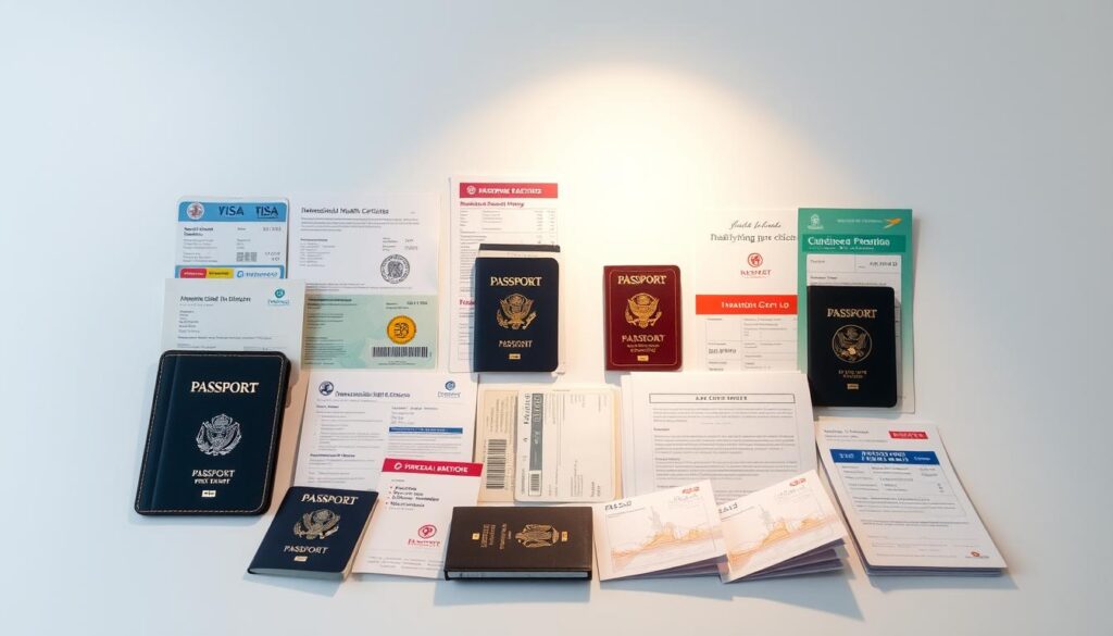Documentos de viagem organizados com cuidado — passaportes, vistos, cartões de embarque e certificados de saúde prontos para acompanhar a próxima aventura.