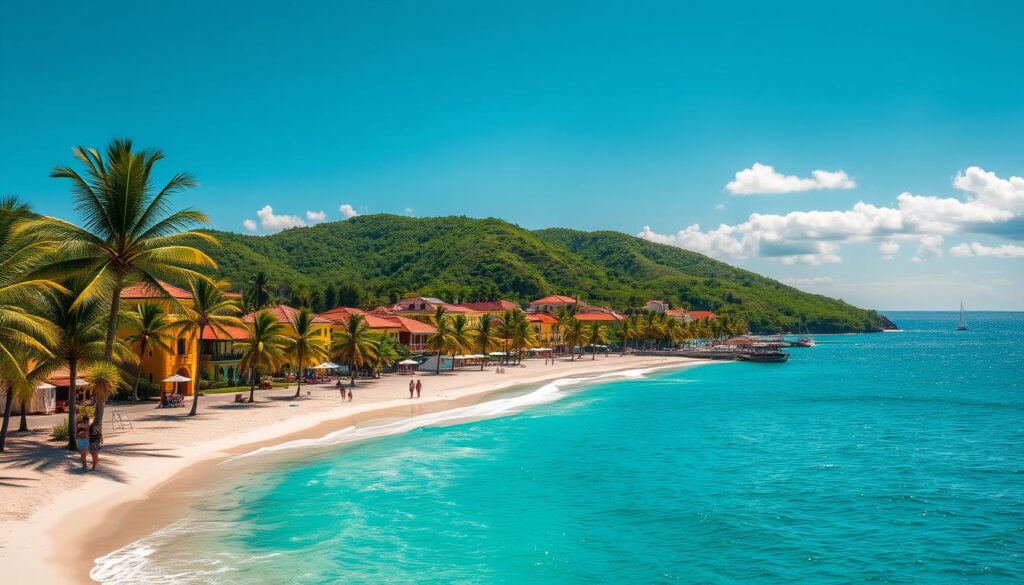 Cenário paradisíaco no Caribe com vegetação exuberante e águas calmas