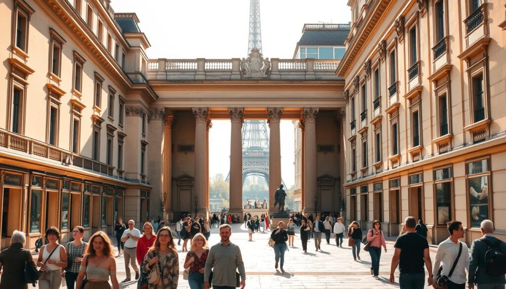 Pátio de um museu parisiense iluminado pelo sol da tarde, com turistas e locais explorando a arquitetura clássica e com a Torre Eiffel ao fundo, criando o clima perfeito para descobertas culturais.