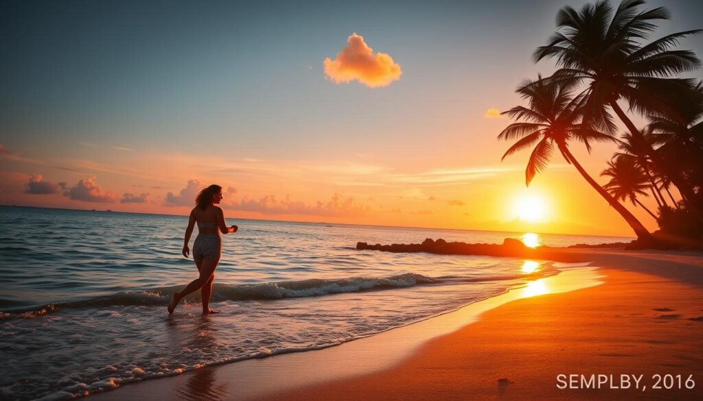 Cena romântica ao pôr do sol em uma praia paradisíaca