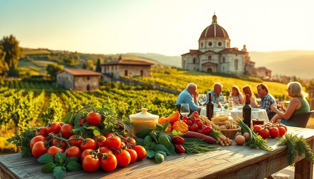 Casa de campo típica da Toscana ao entardecer, com colinas verdes, comida fresca na mesa e moradores locais curtindo uma refeição ao ar livre, cheia de sabores e tradição.