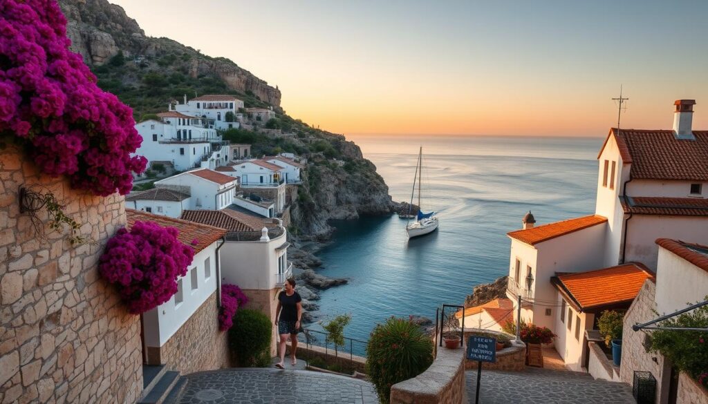 Vilarejo costeiro escondido entre falésias, banhado pela luz dourada do pôr do sol – cenário perfeito para um romance fora do comum