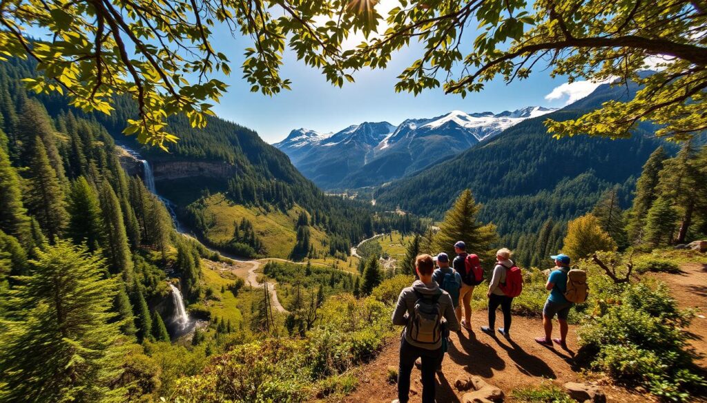 Caminhantes explorando as trilhas mais intensas da Nova Zelândia — florestas densas, montanhas gigantes e cachoeiras escondidas no caminho